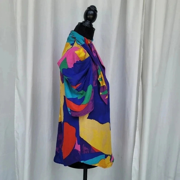 NY & Co Stunning Colorful Blouse Top Button Down Short Sleeve Medium M Bow Neck - Picture 7 of 10